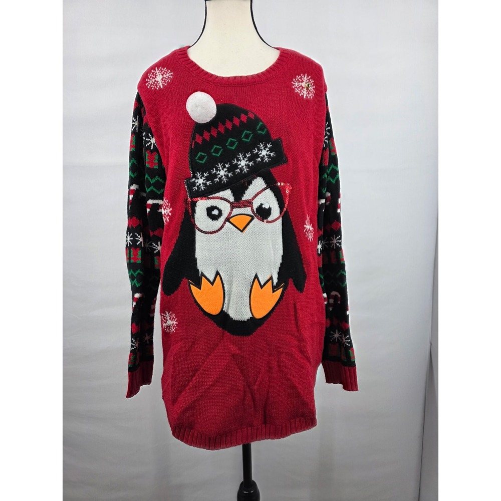 No Boundaries Red Penguin Ugly Christmas Sweater Sequin Glasses Pom Pom XL 15-17